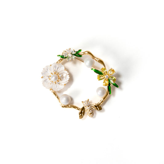 Flower and Pearl Wreath Brooch